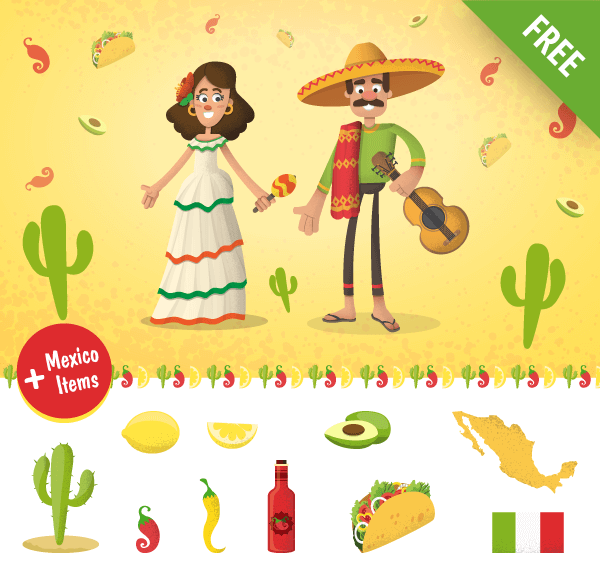mexican cartoon characters set, items, cactus, lemon, mexico map, chili, avocado, mexico vector characters