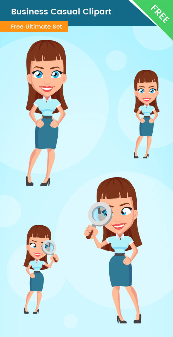 Business woman Casual Clipart magnifying glass looking for searching ideas smart cute charming cartoon